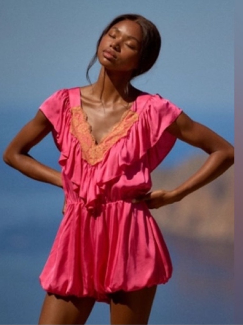 Anthropologie The LyreBird Silky Lace Ruffle Romper, Azalea Pink,XS new